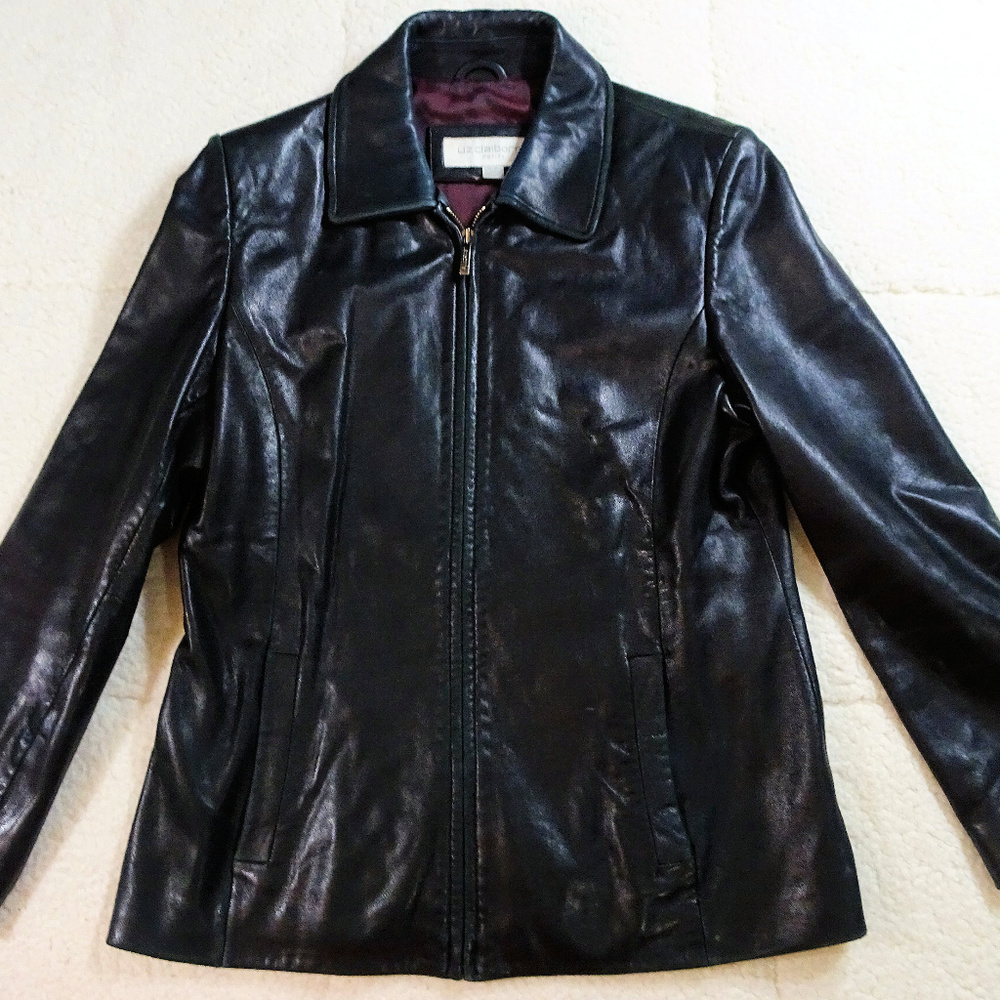 Liz Claiborne Black Leather jacket Petite Large - Picture 1 of 6